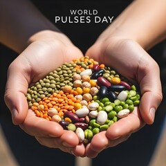 Hands holding a variety of colorful pulses for world pulses day