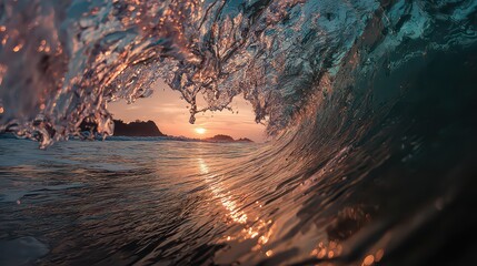 Ocean Wave Curl With Golden Sunset Glow Through Water Silhouette of Land in the Background