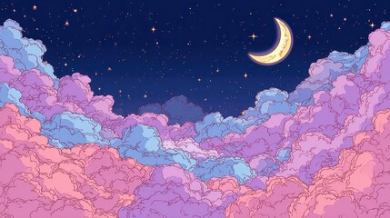 Pixel Art Dreamy Nightscape with Crescent Moon and Pastel Clouds Under Starry Dark Blue Sky Digital Artwork