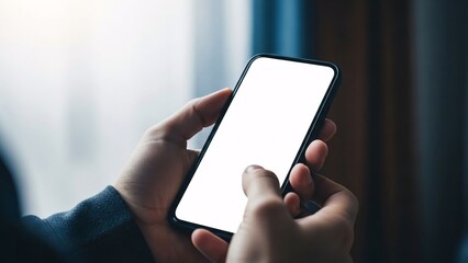 A person holding a smartphone with a blank white screen