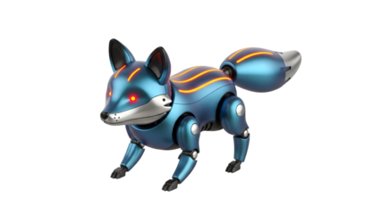 Futuristic robotic fox with glowing red eyes and blue metallic body