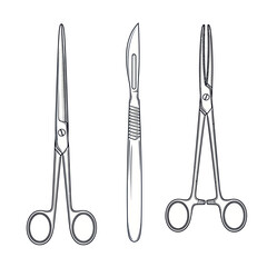 A collection of surgical instruments including a scalpel, forceps, and scissors in a line art style.