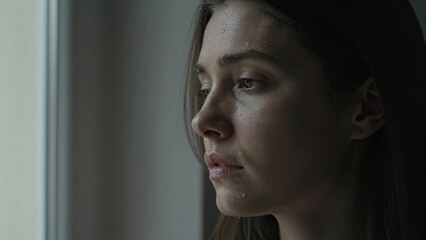 Emotional Portrait of Woman Partially Lit by Window Light