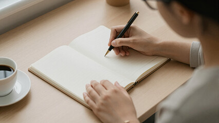 Woman Journaling at Desk with Coffee in Cozy Light