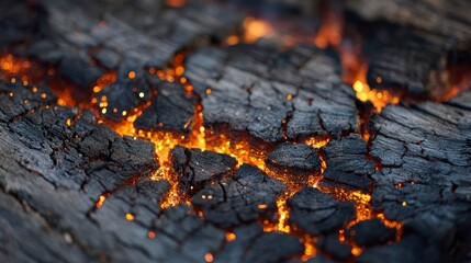 Close-up macro view of glowing embers beneath charred wood, showcasing texture and fiery light