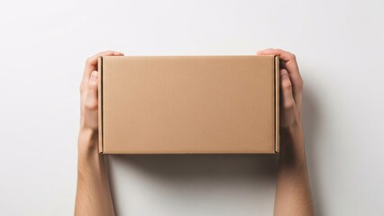 Fototapeta premium A person holding a brown cardboard box against a white background