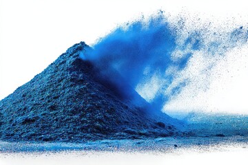 Pile of Blue Powder with Explosion Effect on White Background Creating a Dynamic Wave of Sparkling Particles in Studio Lighting