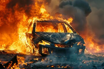 Burning car engulfed in flames after traffic accident on the road