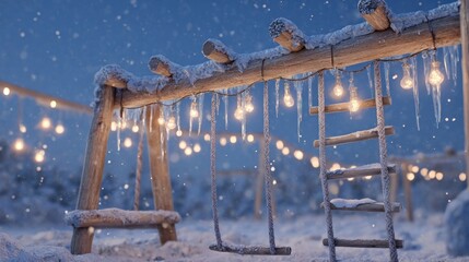 Snowy outdoor monkey bars decorated with icicle lights and tinsel,