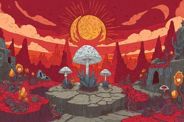 Pixel Art Fantasy Landscape with Red Sky and Glowing Sun Shining Above Mushroom and Plants on Rocky Terrain, Detailed Digital Illustration