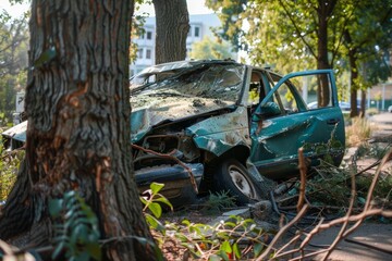 Broken car wreck crashed near a tree after an accident, representing danger and insurance