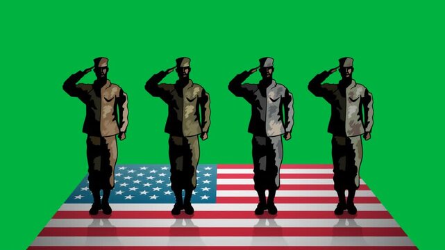 Four figures of soldiers saluting over American flag against black background