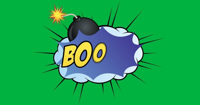 Animation of vintage comic cartoon cloud speech bubble with Boom! text written in yellow letters