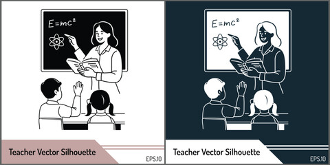 Female Teacher Teaching Science Lesson in Classroom Vector Silhouette Illustration