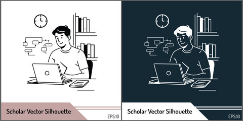 Scholar Studying and Working on Laptop at Home Office Vector Illustration
