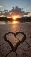 Romantic Golden Hour Sunset Over Cracked Earth with Heart Shape Outline