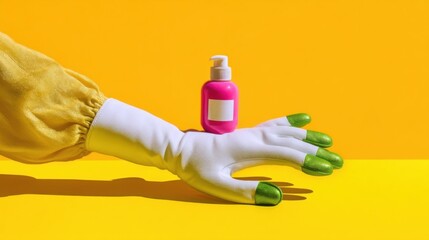 Obraz premium A white gloved hand with neon green nail polish holds a small pink sanitizer bottle against a vibrant yellow background,