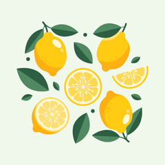 Obraz premium Fresh Lemon and Green Leaf Arrangement: Bright Citrus Fruit Vector Illustration for Healthy Living and Summer Design