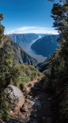 Scenic Fiordland National Park Overview Under Clear Blue Sky in New Zealand Featuring Deep Blue Water Through Mountain Ranges and Abundant Green Foliage Framing the View