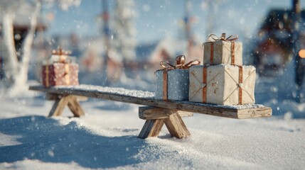 Snowy outdoor seesaw balanced with wrapped presents on each end,