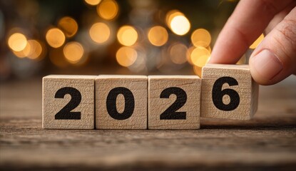 Hand flipping wooden cube 2026 signifying the transition to the new year with bokeh lights in the background