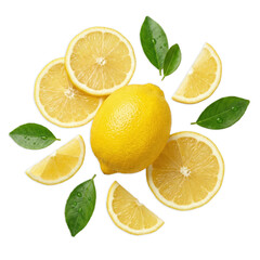 Fototapeta premium Fresh Lemon with Slices and Green Leaves – Isolated on Transparent Background