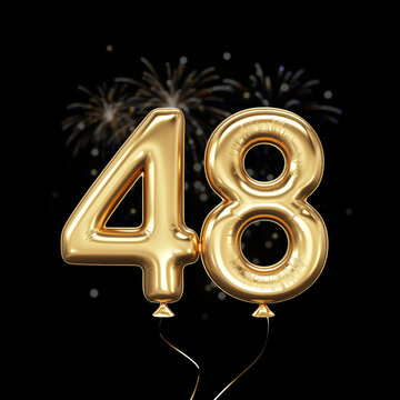 Gold balloon number 48 with fireworks in the background. Festive scene for birthday or anniversary party