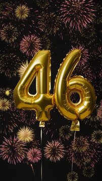 Gold balloon number 46 with fireworks in the background. Festive scene for birthday or anniversary party