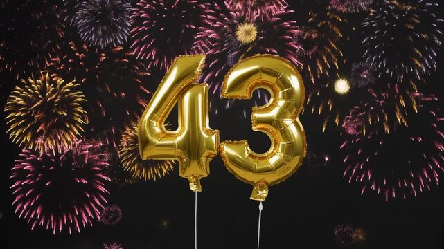 Gold balloon number 43 with fireworks in the background. Festive scene for birthday or anniversary party