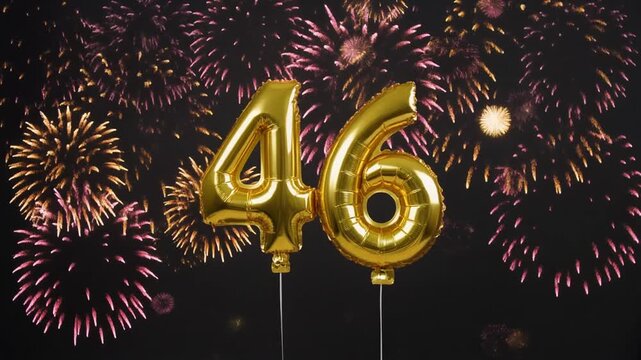 Gold balloon number 46 with fireworks in the background. Festive scene for birthday or anniversary party