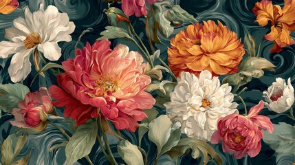 A close-up of vibrant flowers, including peonies and chrysanthemums, against a swirling teal backdrop. Rich colors and intricate details