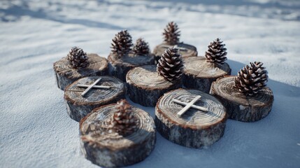Snowy outdoor tic-tac-toe board made from logs and pinecones,