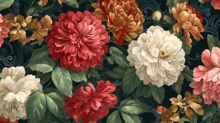 A vibrant floral design showcases lush, blooming flowers in shades of red, orange, pink, and white against a dark, ornate background