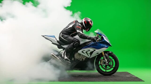 Dynamic shot of a motorcyclist in black gear riding a powerful bike on a vibrant green screen for digital compositing