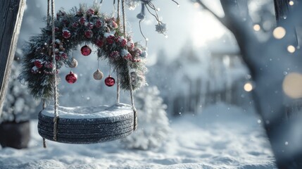 Snowy outdoor tire swing decorated with wreath and hanging ornaments,