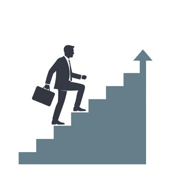 Businessman silhouette with a briefcase climbing stairs with an upward arrow, symbolizing career growth and success.
