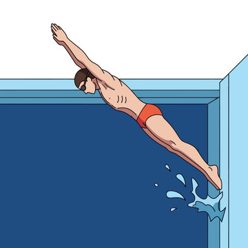 Cartoon illustration of a male swimmer in orange trunks diving into a swimming pool.