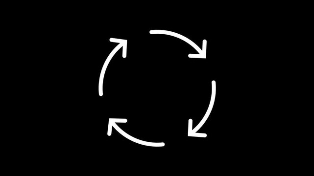 Minimalist white circular process arrows animation on black background showing rotation, cycle, update, sync, workflow, or recurring loop for business or tech concepts.

