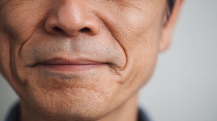 Fototapeta premium 笑いジワと首のたるみが重なり合う高齢男性の肌の状態