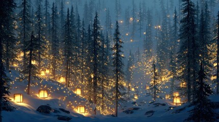snowy pine forest illuminated by golden lanterns,