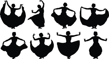 Elegant traditional folk dance silhouettes, female dancers flowing skirts, classical cultural performance, graceful movement, black figures isolated, rhythm art expression