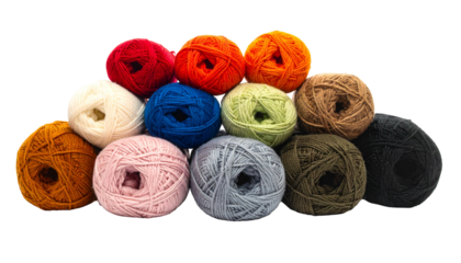 Twelve brightly colored yarn skeins arranged in a semi-circular pyramid against a black backdrop