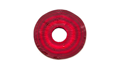 Close up of a sliced beetroot showing concentric rings of vibrant red and pink