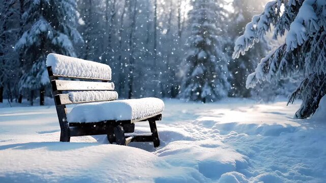 Serene snowy forest with wooden bench falling snow sunlight rays and tranquil winter atmosphere