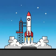 Fototapeta premium Illustrated rocket ship blasting off from a launchpad with fire and smoke clouds.