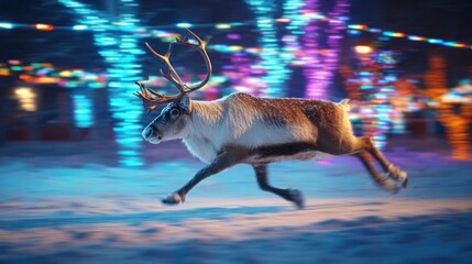 snowy reindeer flying under colorful lights,