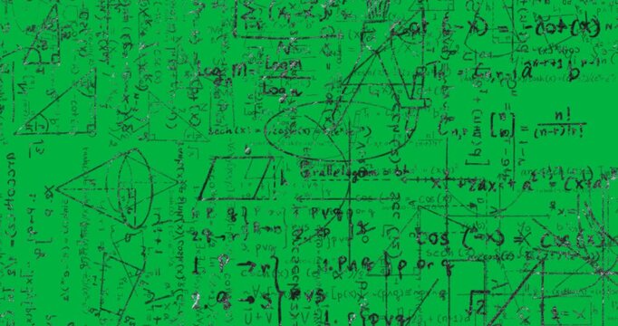 Animation of white mathematical equations and geometric drawings on blackboard