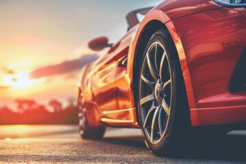 Red convertible sports car parked on the road at sunset, enjoying the golden hour