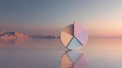 A 3D rendered pie chart floats on a reflective water surface, backed by mountain silhouettes and a gradient sunset sky