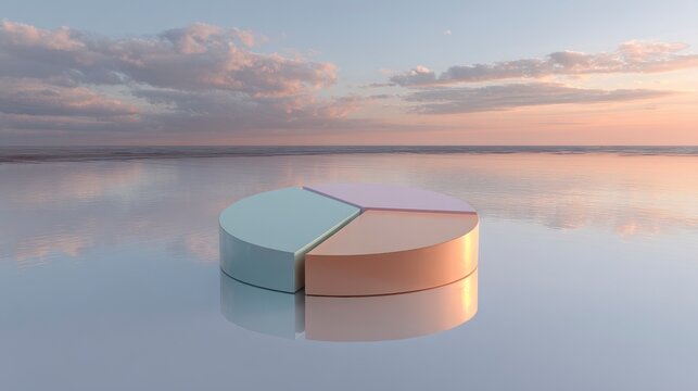 Three-part pie chart illustration with pastel-colored sections reflecting on a glossy surface, against a soft-lit, ethereal sky - Powered by Adobe